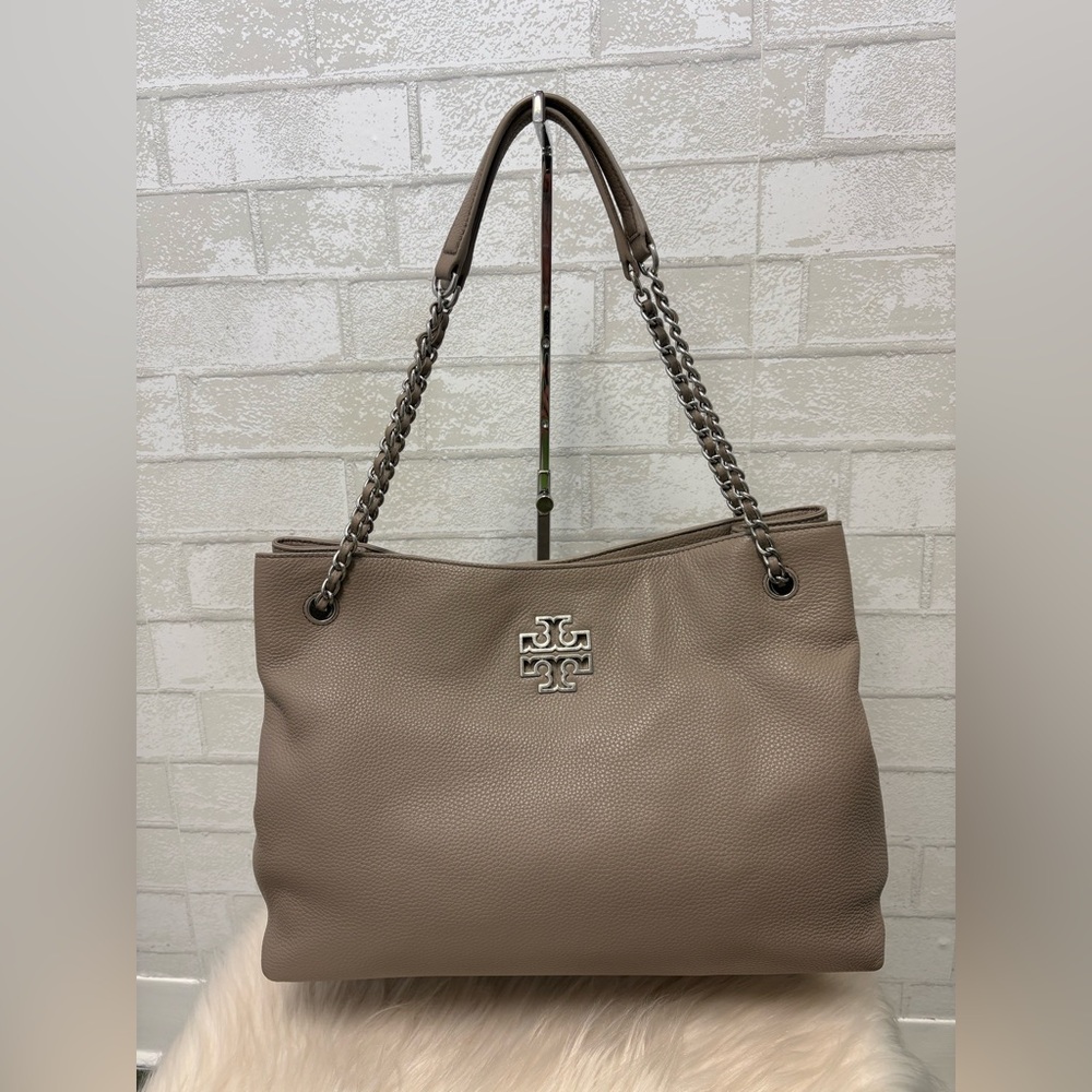 Tory Burch Britten Triple Compartment French Gray Leather Tote